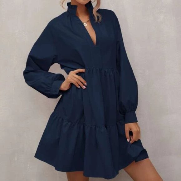 Navy Blue Babydoll Mini Long sleeved Dress - Picture 4 of 7